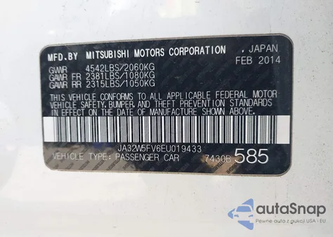 2014 Mitsubishi Lancer Evolution Mr из США, поврежденный, VIN JA32W5FV6EU019433